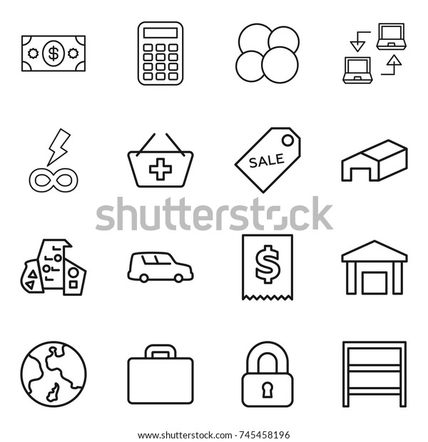 thin line icon set : money, calculator, atom core,
notebook connect, infinity power, add to basket, sale label,
warehouse, modern architecture, car shipping, tax, earth, suitcase,
locked, rack