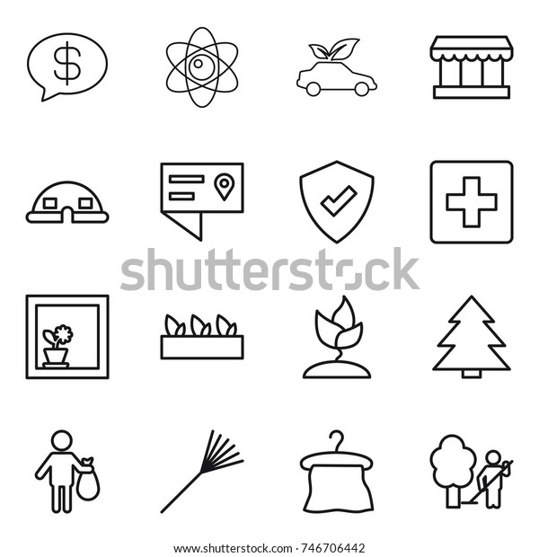 thin line icon set : money message, atom, eco
car, market, dome house, location details, protected, first aid,
flower in window, seedling, sprouting, spruce, trash, rake, hanger,
garden cleaning