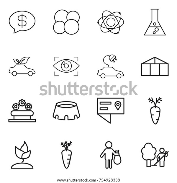 thin\
line icon set : money message, atom core, flask, eco car, eye\
identity, electric, greenhouse, flower bed, stadium, location\
details, carrot, sprouting, trash, garden\
cleaning