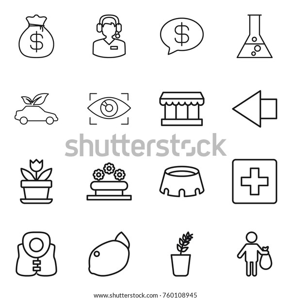 Thin line icon set :\
money bag, call center, message, flask, eco car, eye identity,\
market, left arrow, flower, bed, stadium, first aid, life vest,\
lemon, seedling, trash