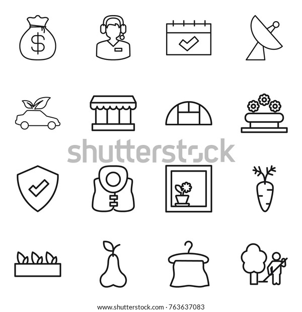 Thin line icon set : money bag, call center,\
calendar, satellite antenna, eco car, market, greenhouse, flower\
bed, protected, life vest, in window, carrot, seedling, pear,\
hanger, garden cleaning