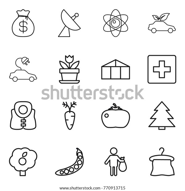 Thin line icon set :
money bag, satellite antenna, atom, eco car, electric, flower,
greenhouse, first aid, life vest, carrot, tomato, spruce, garden,
peas, trash, hanger