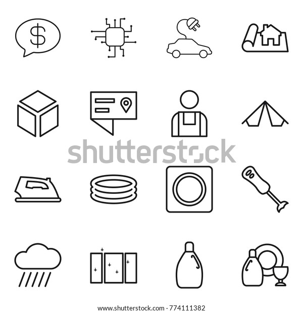Thin line icon set : money message, chip, electric\
car, project, 3d, location details, workman, tent, iron, inflatable\
pool, ring button, blender, rain cloud, clean window, cleanser,\
dish
