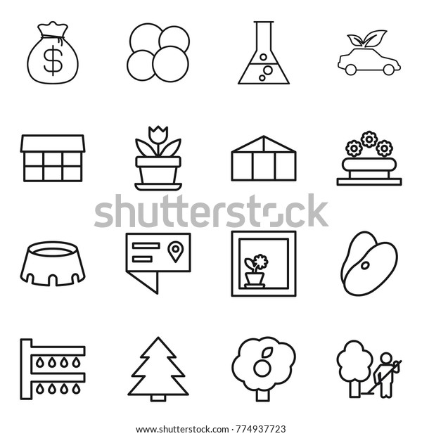 Thin line icon\
set : money bag, atom core, flask, eco car, market, flower,\
greenhouse, bed, stadium, location details, in window, beans,\
watering, spruce, garden,\
cleaning