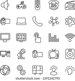 Thin Line Icon Set - monitor pulse vector, 24 hours, consolidated cargo, microphone, radio, speaker, tv, gamepad, equalizer, video camera, touch screen, share, call, settings, network, notebook pc