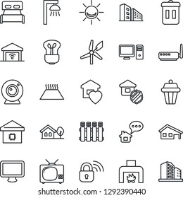 Thin Line Icon Set - monitor vector, house with garage, tree, office building, bedroom, sweet home, fireplace, tv, smart, estate insurance, wireless lock, router, web camera, pc, radiator, bulb