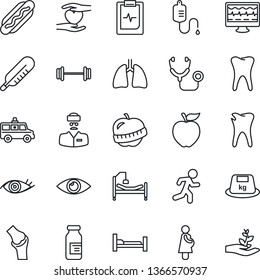 Thin Line Icon Set - monitor pulse vector, stethoscope, dropper, thermometer, ampoule, ambulance car, barbell, run, hospital bed, heart hand, lungs, tooth, caries, eye, joint, clipboard, diet, heavy