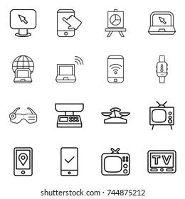 thin line icon set : monitor arrow, touch, presentation, notebook, globe, wireless, phone, smart watch, glasses, market scales, tv, mobile location, checking