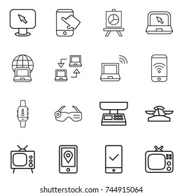 thin line icon set : monitor arrow, touch, presentation, notebook, globe, connect, wireless, phone, smart watch, glasses, market scales, tv, mobile location, checking
