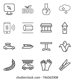 thin line icon set : monitor arrow, bio, round flask, cloude service, phone pay, nano tube, market, tower, car baggage, yacht, table, corn, peas, wash, gloves, clothespin