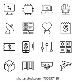 thin line icon set : monitor arrow, chip, notebook, globe, satellite antenna, server, cardio, receipt, mobile pay, equalizer, calculator, 3d, bar code, surveillance camera