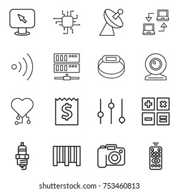 thin line icon set : monitor arrow, chip, satellite antenna, notebook connect, wireless, server, smart bracelet, web cam, cardio, receipt, equalizer, calculator, spark plug, bar code, camera