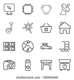 Thin line icon set : monitor arrow, chip, hex molecule, satellite antenna, segway, bang, delete cart, home, panel house, earth, car baggage, pool, camera, do not distrub, stool, kitchen scales - Shutterstock ID 760455640
