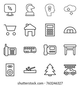 Thin line icon set : monitor arrow, chess horse, bulb head, cloude service, cart, home, calculator, hangare, phone, bus, intercome, stool, speaker, soil cutter, spruce, car wash