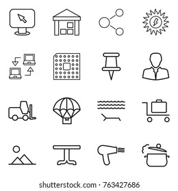 Thin line icon set : monitor arrow, warehouse, molecule, sun power, notebook connect, cpu, pin, client, fork loader, parachute delivery, lounger, baggage trolley, landscape, table, hair dryer