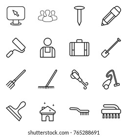 Thin line icon set : monitor arrow, group, nail, pencil, repair, workman, suitcase, shovel, fork, rake, blower, vacuum cleaner, scraper, house cleaning, brush