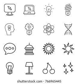 Thin line icon set : monitor arrow, notebook, bulb, head, brain, atom, dna, balloon, goverment house, sun, floor lamp, cherry, shining