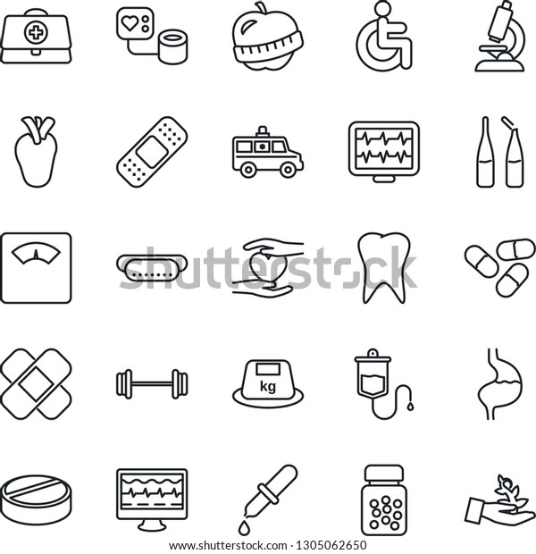 Thin Line Icon Set - monitor pulse vector, doctor
case, blood pressure, dropper, microscope, scales, pills, bottle,
ampoule, patch, ambulance car, barbell, disabled, heart hand,
stomach, real, tooth
