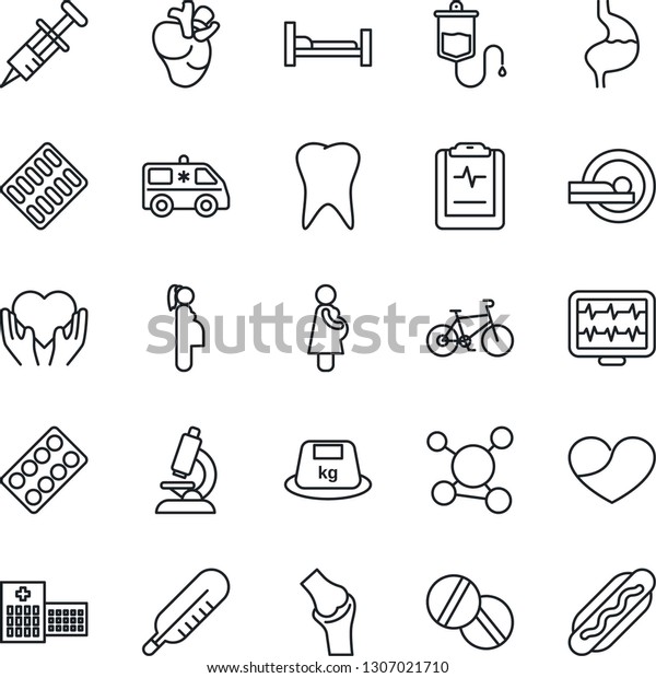 Thin Line Icon Set - monitor pulse vector,
syringe, dropper, thermometer, microscope, pills, blister,
tomography, ambulance car, bike, hospital bed, heart hand, stomach,
real, tooth, joint,
molecule