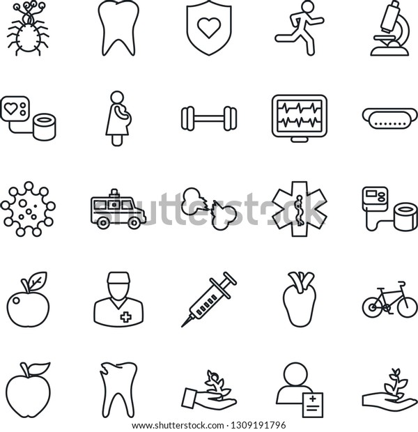 Thin Line Icon Set - monitor pulse vector,
syringe, blood pressure, microscope, ambulance star, car, barbell,
bike, run, heart shield, real, tooth, caries, broken bone, doctor,
patient, pregnancy