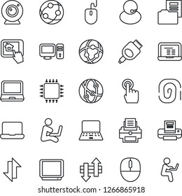 Thin Line Icon Set - mouse vector, notebook pc, support, tv, network, touch screen, laptop, hdmi, data exchange, document folder, printer, chip, web camera, home control app, fingerprint, man with