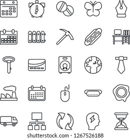 Thin Line Icon Set - mouse vector, desk, brainstorm, calendar, factory, stamp, butterfly, pills, earth, car delivery, speaker, update, alarm, ink pen, fence, credit card, hot dog, hierarchy, tie