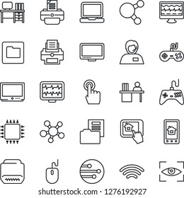 Thin Line Icon Set - mouse vector, desk, printer, monitor pulse, support, gamepad, tv, touch screen, laptop pc, share, hdmi, network, folder, wireless, document, manager, chip, home control app