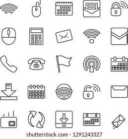 Thin Line Icon Set - mouse vector, calendar, call, update, mail, download, wireless, calculator, phone, lock, flag