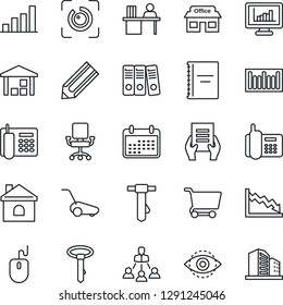 Thin Line Icon Set - mouse vector, tie, document, pencil, lawn mower, house, store, office phone, warehouse, barcode, eye id, copybook, monitor statistics, bar graph, manager desk, paper binder