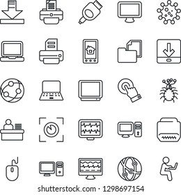 Thin Line Icon Set - mouse vector, notebook pc, printer, monitor pulse, virus, folder document, tv, network, touch screen, laptop, hdmi, download, manager desk, home control app, eye scan, man with