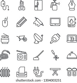 Thin Line Icon Set - mouse vector, notebook pc, pencil, wheelbarrow, hose, hoe, picnic table, garden sprayer, ripper, dropper, office phone, satellite antenna, radio, tv, hdmi, ink pen, paper tray