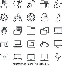 Thin Line Icon Set - mouse vector, desk, notebook pc, printer, virus, support, folder document, gamepad, tv, monitor, laptop, share, hdmi, network, man with