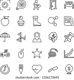 Thin Line Icon Set - mouse vector, tree, boot, hose, plant label, heart pulse, pin, umbrella, news, gamepad, share, paper, stamp, manager, windmill, estate search, vip zone, knife, apple fruit, door