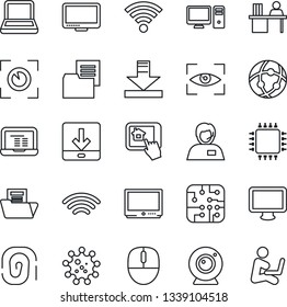 Thin Line Icon Set - mouse vector, notebook pc, virus, support, folder document, tv, monitor, network, download, wireless, manager desk, chip, web camera, home control app, eye scan, fingerprint