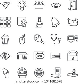 Thin Line Icon Set - mouse vector, desk, document, garden light, stethoscope, tomography, eye, joint, menu, themes, bell, lock, id, sertificate, target, meeting, sale, bedroom, chicken, ham, pc