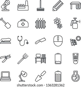 Thin Line Icon Set - mouse vector, desk, job, pencil, trowel, farm fork, rake, pruner, garden sprayer, doctor case, stethoscope, microphone, remote control, battery, low, lamp, notebook pc, stapler