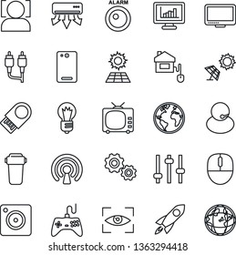 Thin Line Icon Set - mouse vector, bulb, earth, support, tv, gamepad, monitor, rca, phone back, mobile camera, tuning, face id, statistics, sun panel, home control, wireless, air conditioner, gear