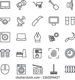 Thin Line Icon Set - mouse vector, job, rake, wheelbarrow, sickle, garden knife, blood test vial, clock, satellite antenna, microphone, radio, speaker, tv, monitor, mobile camera, ink pen, sun panel