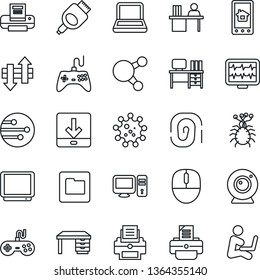 Thin Line Icon Set - mouse vector, desk, printer, monitor pulse, virus, gamepad, tv, share, hdmi, network, folder, data exchange, download, manager, notebook pc, web camera, home control app