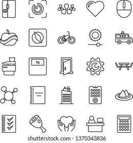 Thin Line Icon Set - mouse vector, manager place, picnic table, heart, molecule, scales, ambulance car, bike, hand, diet, brightness, compass, eye id, root setup, copybook, checklist, copier, fridge