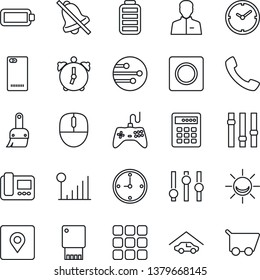 Thin Line Icon Set - mouse vector, gamepad, settings, battery, phone back, call, menu, themes, user, alarm, record, network, mute, place tag, cellular signal, clock, garage, intercome, usb flash