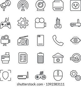 Thin Line Icon Set - mouse vector, tomography, office phone, microphone, radio, antenna, gamepad, video camera, battery, hdmi, back, call, settings, sim, face id, eye, copier, smart home, socket