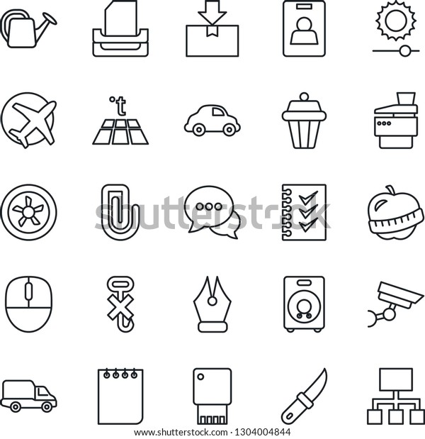 Thin Line Icon Set - mouse vector, notepad, watering\
can, garden knife, diet, plane, car delivery, no hook, package,\
dialog, speaker, brightness, paper clip, identity card, ink pen,\
checklist, tray