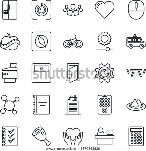 Thin Line Icon Set - mouse vector, manager place,\
picnic table, heart, molecule, scales, ambulance car, bike, hand,\
diet, brightness, compass, eye id, root setup, copybook, checklist,\
copier, fridge