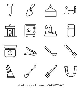 thin line icon set : nail, construction, loading crane, vip fence, detector, safe, water tap, fridge, kitchen scales, walnut crack, ladle, big fork, knife holder, shovel, horseshoe