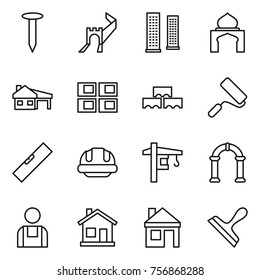 Thin line icon set : nail, greate wall, skyscrapers, minaret, house with garage, panel, block, repair, level, building helmet, tower crane, arch, workman, home, scraper