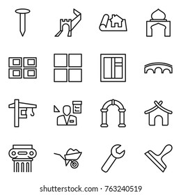 Thin line icon set : nail, greate wall, project, minaret, panel house, window, bridge, tower crane, architector, arch, bungalow, antique column, wheelbarrow, wrench, scraper