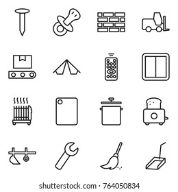 Thin line icon set : nail, nipple, brick wall, fork loader, transporter tape, tent, remote control, power switch, radiator, cutting board, pan, toaster, plow, wrench, broom, scoop