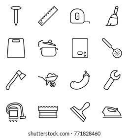 Thin line icon set : nail, ruler, measuring tape, broom, cutting board, steam pan, kitchen scales, skimmer, axe, wheelbarrow, eggplant, wrench, vacuum cleaner, sponge, scraper, iron