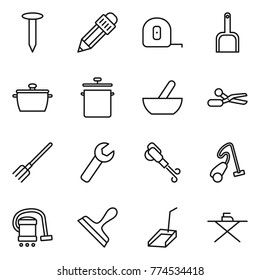 Thin line icon set : nail, pencil, measuring tape, scoop, pan, mortar, scissors, fork, wrench, blower, vacuum cleaner, scraper, iron board